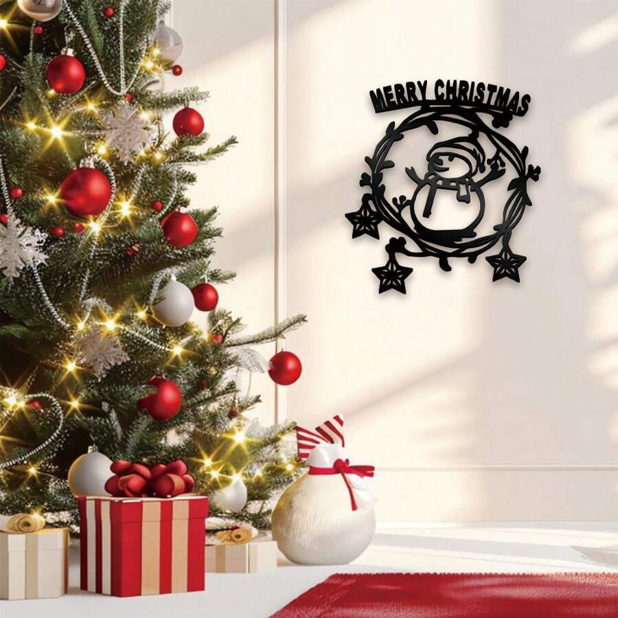 1pc Metal Wall Decoration, Snowman Design, Winter Romantic Decoration, Christmas Home Decoration, Living Room, Bedroom Decoration, Gift For Christmas, Halloween, Thanksgiving - 黑色 - 查看 1