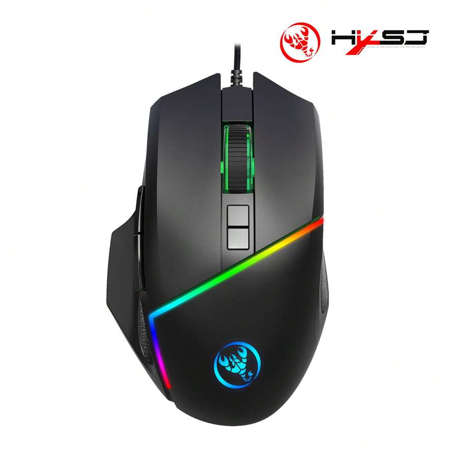 HXSJ 1pc RGB 背光游戏鼠标，8 个按钮，人体工程学设计，防滑纹理侧面，内置快速射击按钮，6 个可调 DPI 级别，最高 12,800