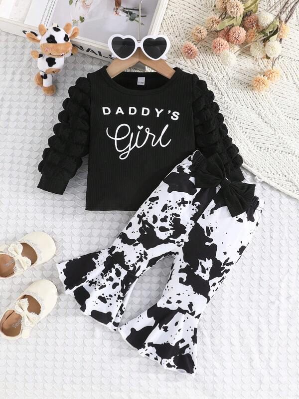 2pcs/Set Baby Girl Bubble Long Sleeve Letter Print Top T-Shirt And Black & White Cow Print Flare Pants Casual Outfit, Autumn