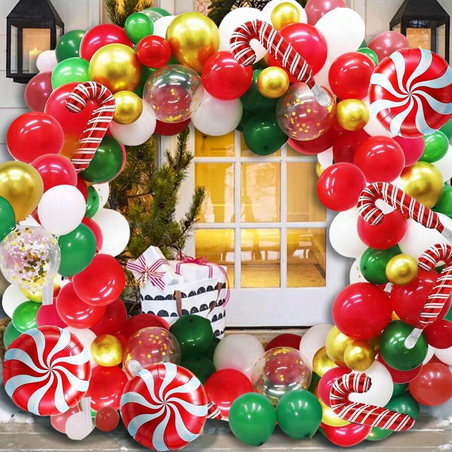 Bộ 105 vòng hoa bóng bay trang trí Giáng sinh - Bóng bay nhiều màu đỏ, xanh lá, vàng và kim tuyến, bóng bay kim loại, chủ đề kẹo ngày lễ Giáng sinh, trang trí tiệc sinh nhật Giáng sinh - Nhiều màu - Xem 1