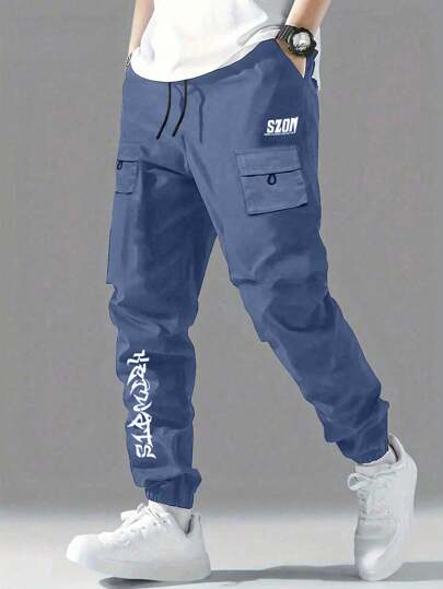 Pantalones de carga de cintura con cordón y puños elásticos para niño preadolescente con impresión de letras de moda, estilo de vuelta a la escuela y academia