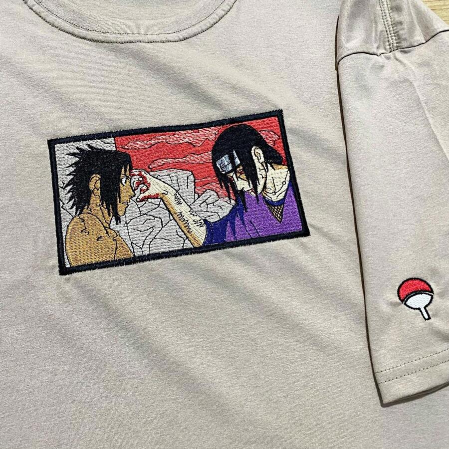 Sasuke And Itachi Uchiha Embroidered Anime T-Shirt Unisex 100% Cotton Geek Blouse - 米色 - 查看 1