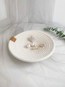 1 pieza Bandeja de exhibición de joyería redonda tejida a mano de colores mixtos, organizador de joyería circular creativo para collares, anillos, pulseras de regreso a la escuela - Beis - Ver 3