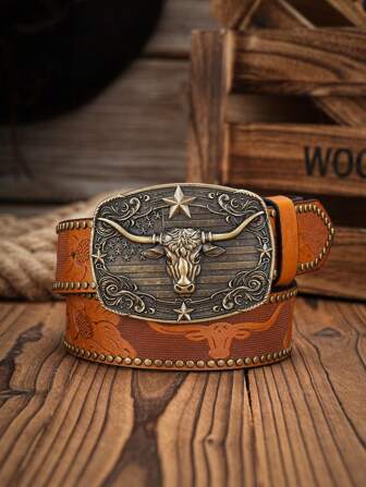 1pc Unisex Bohemian & Western Style Deer Embossed Buckle Vintage Brown PU Belt