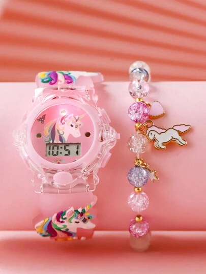 2 件套儿童酷炫 LED 彩灯 3D 独角兽硅胶表带电子手表 + 独角兽小马手链套装，适合生日礼物、万圣节礼物、圣诞节礼物