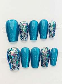 10 件手工制作中号棺材按压指甲，蓝色猫眼风格，光泽简约棺材形假指甲尖，现代日式美甲，时尚简约风格指甲 - 藍色 - 查看 12