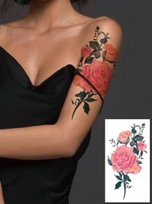 (Pack Of 5 PCS) Rose Pattern And Colorful Flower Temporary Tattoo Stickers, Female Sexy Fake Tattoos, 3D Floral Realistic Leg/Belly Tattoos, Large Size Body Art Realistic Fake Tattoos, Lasting 2-5 Days, Waterproof And Sweat Resistant Temporary Tattoos, Temporary Tattoos That Can Cover Scars, For Arms, Calves, Thighs, Neck, Waist, Chest