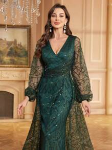 Vestito lungo con scollo a V, maniche lunghe, ornato di paillettes, abito da sera, da cerimonia elegante, adatto per ospiti di matrimoni, lauree, cene