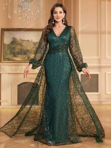 Vestito lungo con scollo a V, maniche lunghe, ornato di paillettes, abito da sera, da cerimonia elegante, adatto per ospiti di matrimoni, lauree, cene