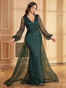 Vestito lungo con scollo a V, maniche lunghe, ornato di paillettes, abito da sera, da cerimonia elegante, adatto per ospiti di matrimoni, lauree, cene