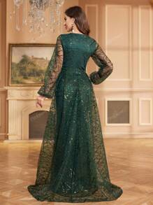 Vestito lungo con scollo a V, maniche lunghe, ornato di paillettes, abito da sera, da cerimonia elegante, adatto per ospiti di matrimoni, lauree, cene