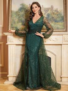 Vestito lungo con scollo a V, maniche lunghe, ornato di paillettes, abito da sera, da cerimonia elegante, adatto per ospiti di matrimoni, lauree, cene