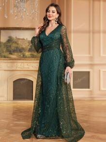 Vestito lungo con scollo a V, maniche lunghe, ornato di paillettes, abito da sera, da cerimonia elegante, adatto per ospiti di matrimoni, lauree, cene
