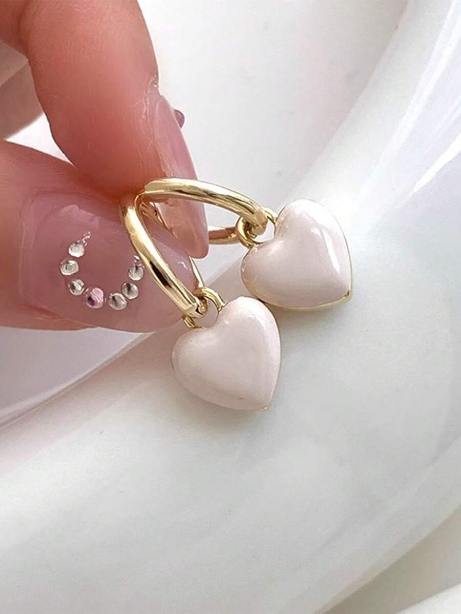 2pcs Reversible Oil Dripping Heart Shape Earrings, Suitable For Women Daily, Dating, Vacation, Wedding Valentines - White - View 1
