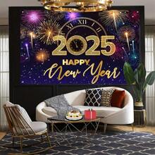 1件 2025新年派對背景布 聚酯纖維煙火背景 節日慶祝牆面裝飾 - 彩色 - 查看 6