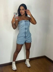 Women's Denim Jumpsuit - 淺色水洗藍 - 查看 3