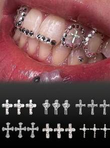novani 3pcs/Box Vintage Tooth Gems, Crystal Rhinestone Metal Cross Tooth Gems, Diamond-Shaped Crystal Stones Metal Dental Jewelry - Gold - View 13