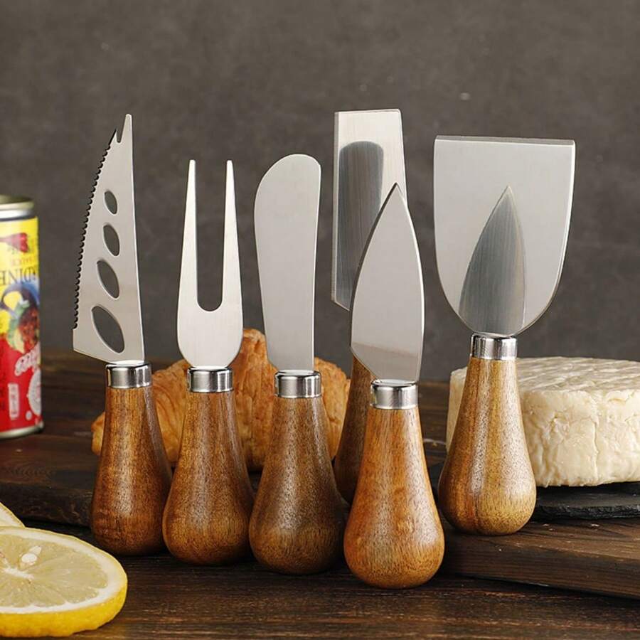 Bộ 6 dụng cụ cắt phô mai, dao cắt phô mai mini cán gỗ bằng thép không gỉ, dụng cụ cắt bơ, dụng cụ phết phô mai, nĩa phô mai, xẻng phô mai, dụng cụ nướng nhỏ trong bếp - Bạc - Xem 1
