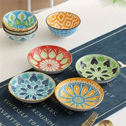 4pcs 5.6 Inch Vibrant Ceramic Boho Style Plates - Multipurpose, Dishwasher, Oven & Microwave , Round Salad, Dessert, Appetizer Bowls, Suitable For Hot Pot, Picnic, Camping, Fruits, Veggies, Salad - All Season, Easy To Clean, Kitchen Dinnerware