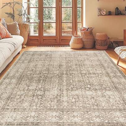 Alfombra lavable para sala de estar, alfombra vintage grande con estampado de pelo bajo, alfombra floral antideslizante resistente a las manchas, alfombra de piso retro envejecida para interior para dormitorio, comedor, oficina