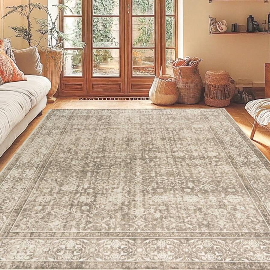 Area Rug Washable Carpet For Living Room, Large Low Pile Print Vintage Rug Anti-Slip Stain Resistant Floral Carpet, Indoor Distressed Retro Floor Carpet For Bedroom Dining Room Office - Màu be - Xem 1