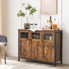 VASAGLE Sideboard, Buffet Table, Storage Cabinet With Glass Doors, Dining Room, Living Room, Hallway, Kitchen, Steel Frame, Industrial Style, Rustic Brown And Ink Black - Brown - View 1