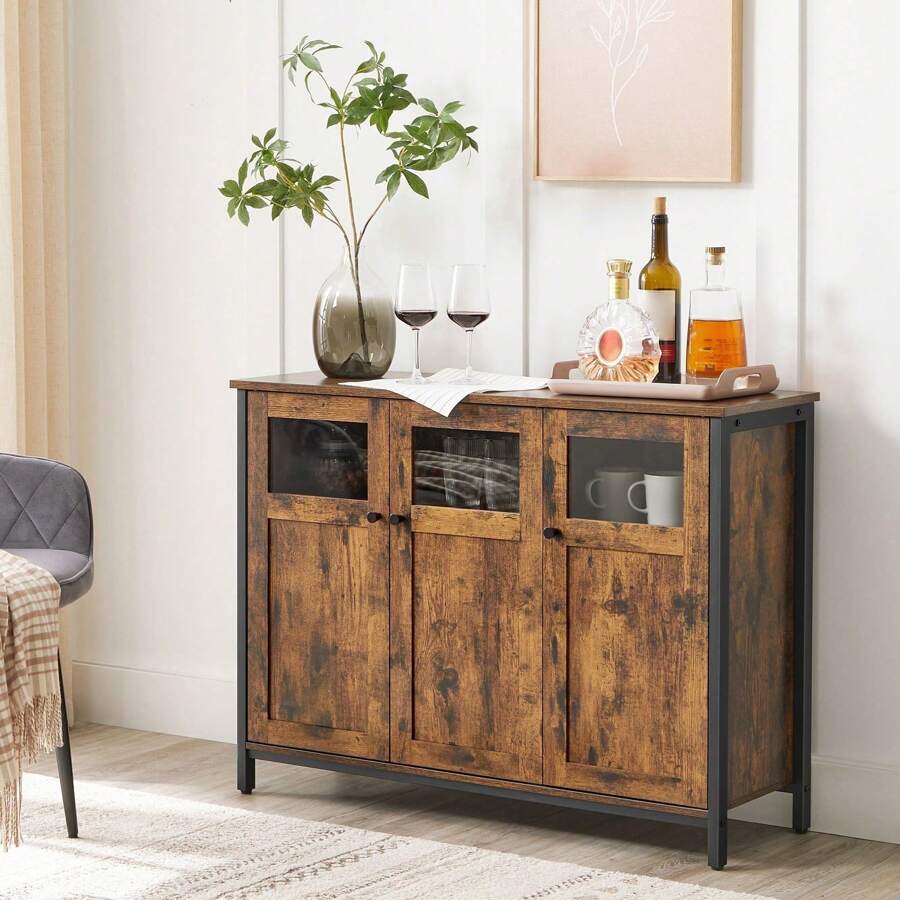 VASAGLE Sideboard, Buffet Table, Storage Cabinet With Glass Doors, Dining Room, Living Room, Hallway, Kitchen, Steel Frame, Industrial Style, Rustic Brown And Ink Black - Brown - View 1
