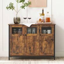 VASAGLE Sideboard, Buffet Table, Storage Cabinet With Glass Doors, Dining Room, Living Room, Hallway, Kitchen, Steel Frame, Industrial Style, Rustic Brown And Ink Black - Brown - View 3