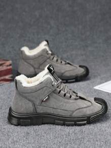 新款男士冬季鞋，厚底保暖衬垫工作靴，雪地靴，百搭高帮运动休闲鞋，男士真皮摩托车靴 - 灰色 - 查看 1