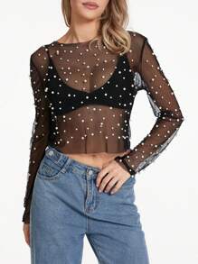 Women Long Sleeve Pearls T-Shirt,Crew Neck See-Through Pearls Slim Fit Ladies Blouses Mesh Tops For Club Party - Black - View 4