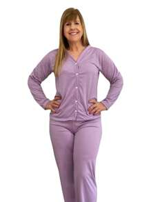 Women's Pajama Set Open Button Mesh Post Surgery Breastfeeding My Dream Night Line - 紫丁香色 - 查看 1