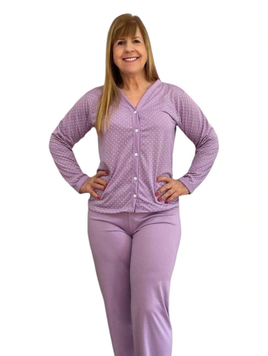 Women's Pajama Set Open Button Mesh Post Surgery Breastfeeding My Dream Night Line - 紫丁香色 - 查看 1