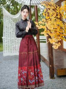 Glamorous Chinese Style Spring Burgundy Gold Woven Vintage Ming Dynasty Horse-Face Skirt Chinese Red For Chinese Wedding, Chinese Newyear, Daily, Street, Commuting, Home And Other Occasions To Wear Costumes Hanfu Bottoms - Burgundy - View 5
