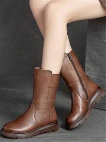 Giày bốt da mềm màu nâu cao đến giữa bắp chân cho nữ, lớp lót nhung mùa đông cổ điển, giày bốt đi xe máy thường ngày phong cách Anh - màu nâu - Xem 1