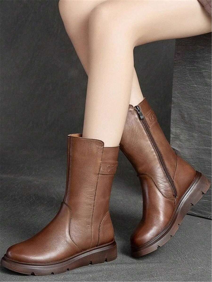 Giày bốt da mềm màu nâu cao đến giữa bắp chân cho nữ, lớp lót nhung mùa đông cổ điển, giày bốt đi xe máy thường ngày phong cách Anh - màu nâu - Xem 1