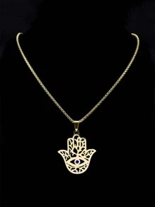 空心哈姆萨之手吊坠项链不锈钢金银幸运手掌蓝色火鸡眼项链宝石项圈 - 項鍊 - 查看 6