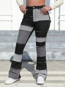 Women's Loose Fit Color Blocking High Waist Embroidered Flare Jeans - Black and White - View 3