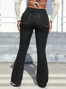 Women's Loose Fit Color Blocking High Waist Embroidered Flare Jeans - Black and White - View 2