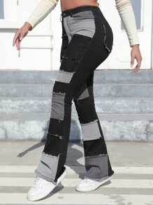 Women's Loose Fit Color Blocking High Waist Embroidered Flare Jeans - Black and White - View 1