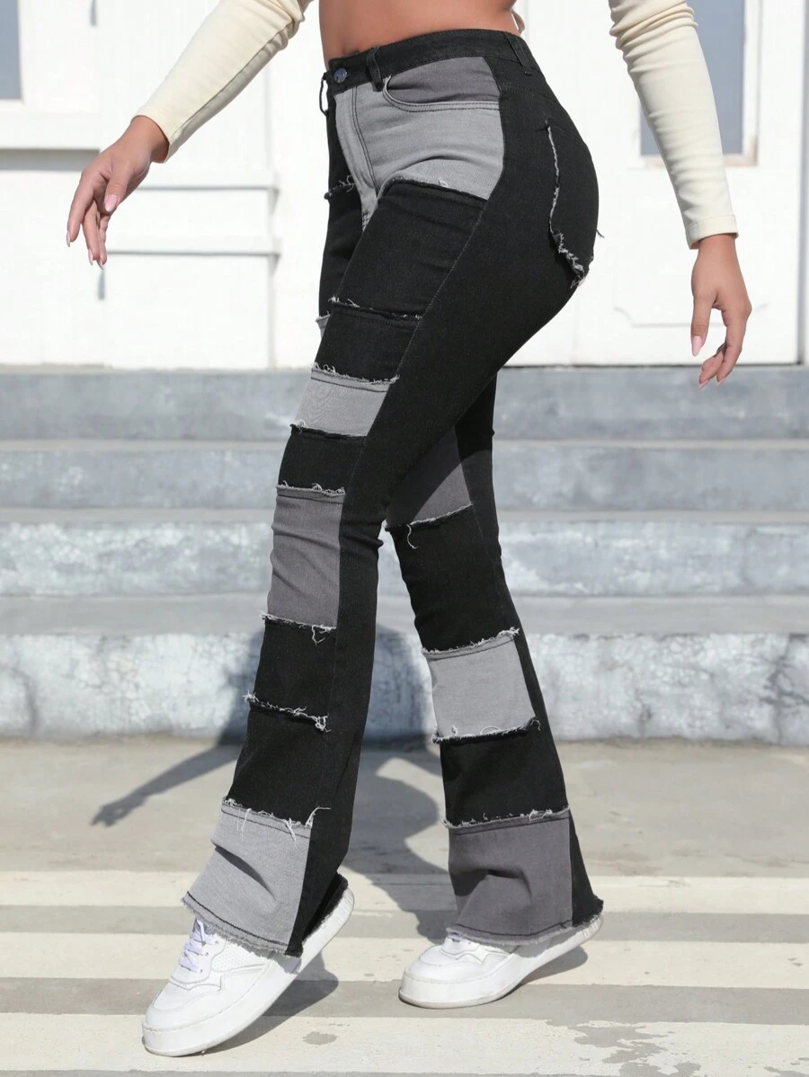 Women's Loose Fit Color Blocking High Waist Embroidered Flare Jeans - Black and White - View 1