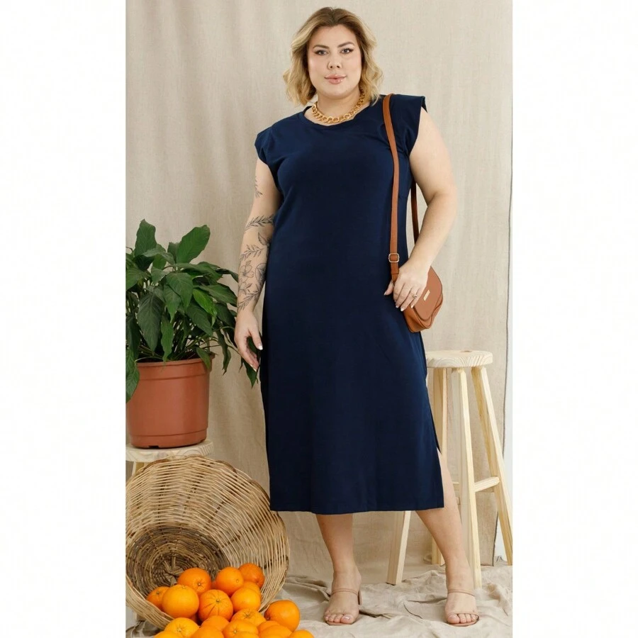Long Oversized Casual Sleeveless Sweatshirt Dress With Side Slits And Details Plus Size 45224A - Màu xanh hải quân - Xem 1