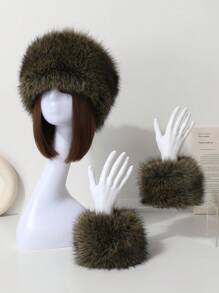 女士四合一套装：毛绒渔夫帽、臂套、腕带 - 纯色，保暖防风，适合冬季户外活动，休闲、优雅、复古街头风冬季配饰，冬季穿搭，情人节礼物