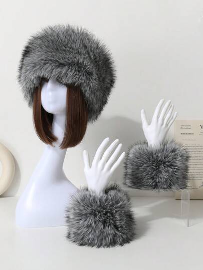 Set da 4 pezzi da donna: cappello secchiello soffice, scaldamuscoli, polsini - colore unito, caldo e antivento, adatto per attività all'aperto invernali, casual, elegante, accessori invernali stile retrò da strada