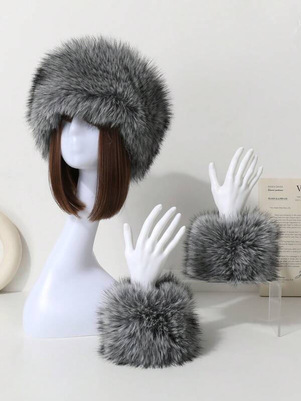 Women's 4-In-1 Set: Fluffy Bucket Hat, Arm Warmers, Wristbands - Solid Color, Warm & Windproof, Suitable For Winter Outdoor Activities, Casual, Elegant, Retro Street Style Winter Accessories
