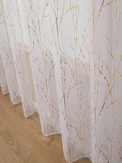 1pc White Sheer Curtain With Gilded Tree Branch Print Pattern, Sparkles In Sunlight, Suitable For Bedroom, Living Room, Balcony, Christmas Decoration