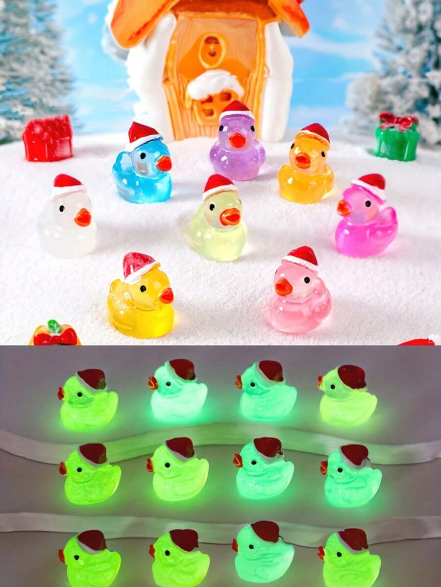 50 cái/bộ Vịt Giáng sinh mini phát sáng trong bóng tối có mũ ông già Noel - Tượng vịt nhựa nhỏ, Quà tặng tiệc, Túi đựng quà, Quà tặng Giáng sinh màu ngẫu nhiên - Nhiều màu - Xem 1
