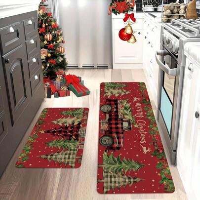 1 peça de elementos de Natal, bolinhas, padrão de árvore de Natal, flanela, poliéster, retângulo, relevo, à prova d'água, antiderrapante, tapete multiuso, almofada de espuma, adequada para cozinha, entrada, sala de estar, escritório, banheiro, penteadeira, cabeceira, casa, tapete de feriado