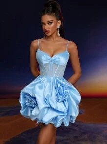 Anymoon Fashion Prom Dress,High Waist Hem 3D Hand Floral Design Suitable For Music Festivals, Graduations, Homecomings, Parties, Cocktail Parties And More - Blue - View 6