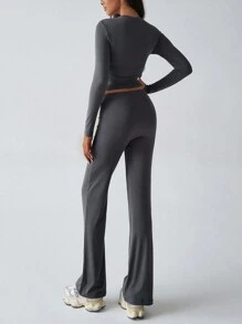 GAOVOT Women's Two Pieces Spring And Summer Y2K Sporty Gym Casual Home Solid Color Fitted Long-Sleeved T-Shirt And Drawstring Long Pants Set - Dark Grey - View 2