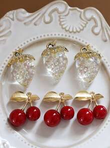 3pcs Cute Semi-Transparent 3D Strawberry & Cherry Pendant For DIY Jewelry, Earrings Supplies